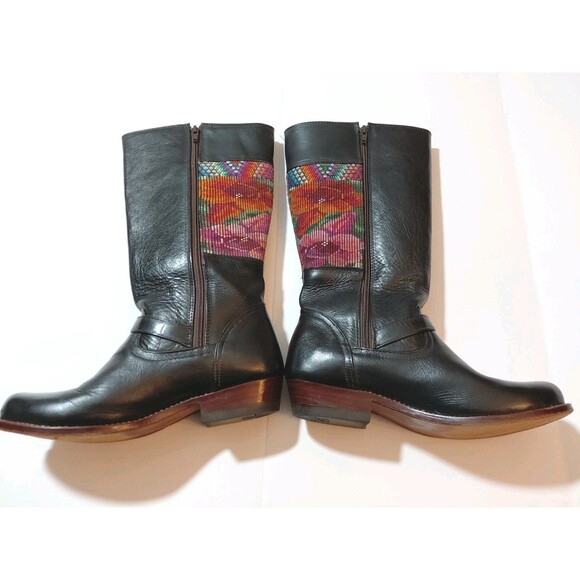 Women's 9.5-10 Calf Length Strap Buckle Tapestry Accent Black Leather Zip Boots - Picture 2 of 8